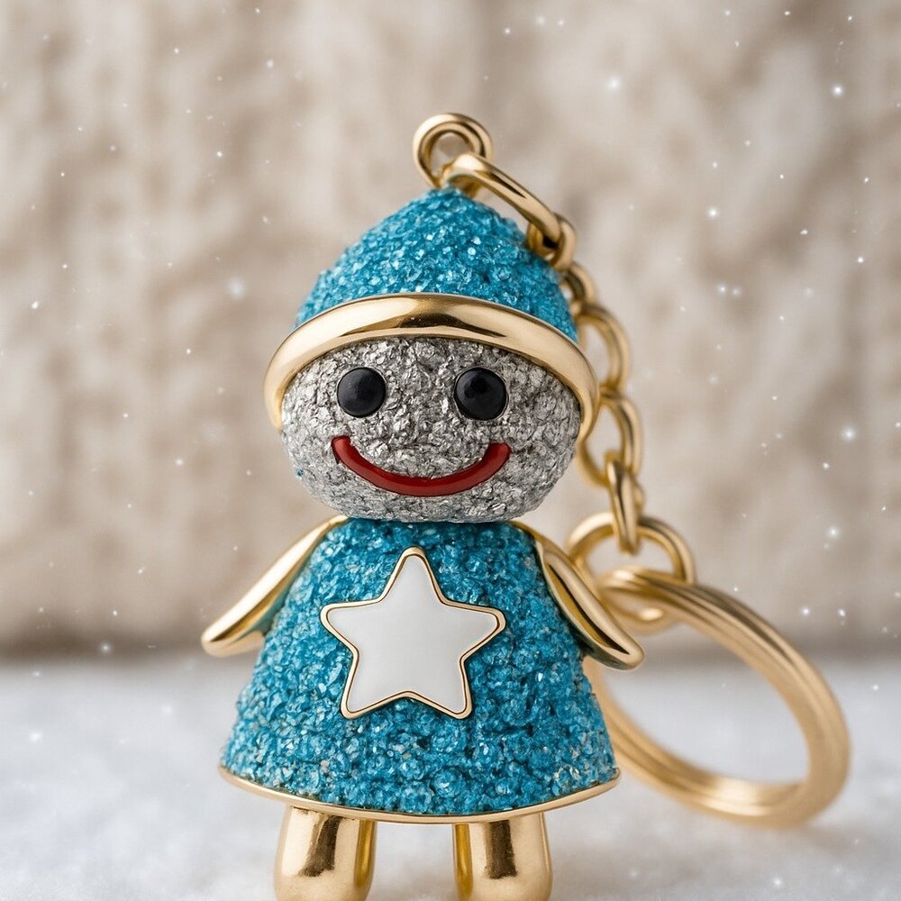 Rhinestone Snowman Snowgirl Keychain Blue Crystal Bag Charm Holiday Gift - Picture 2 of 4